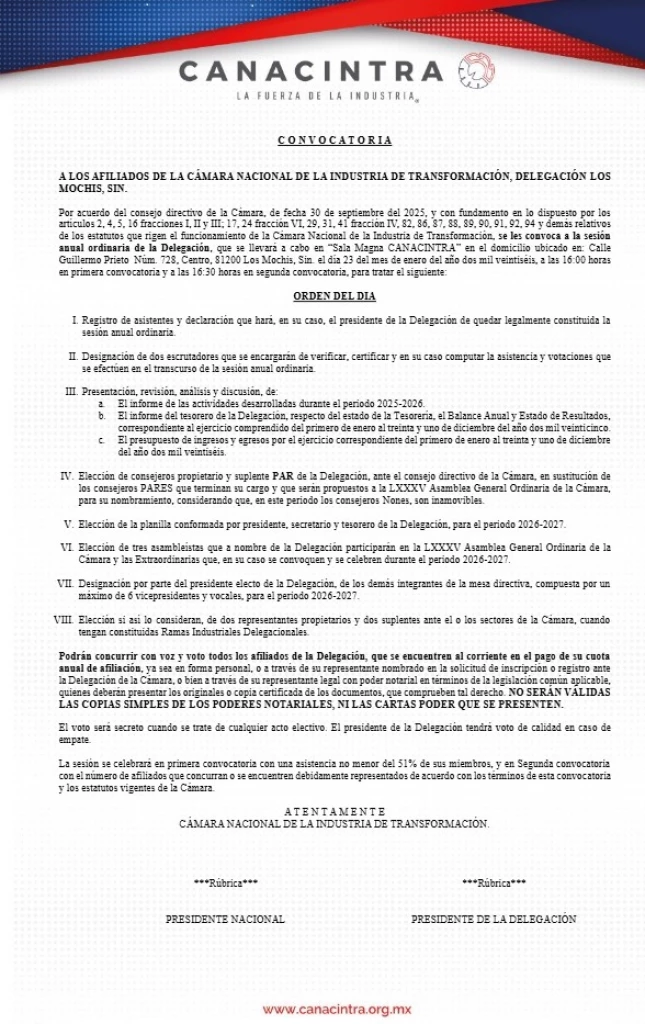 Canacintra abre convocatoria para elegir a su nuevo presidente en Los Mochis