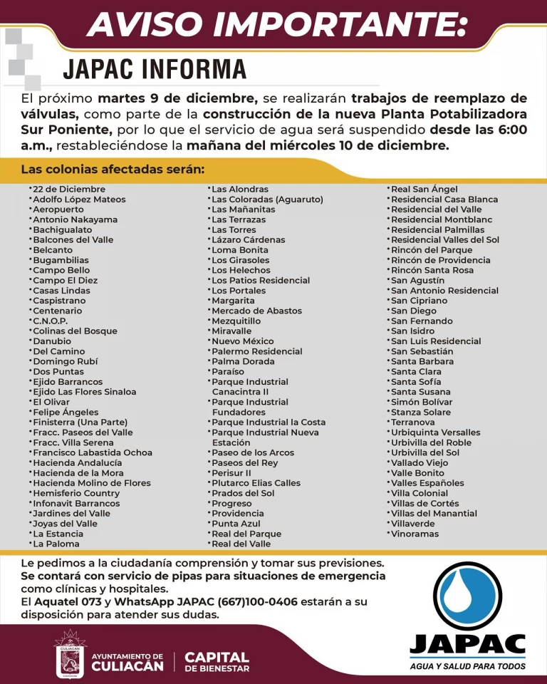JAPAC anuncia limitaciones en el suministro de agua en Culiacán