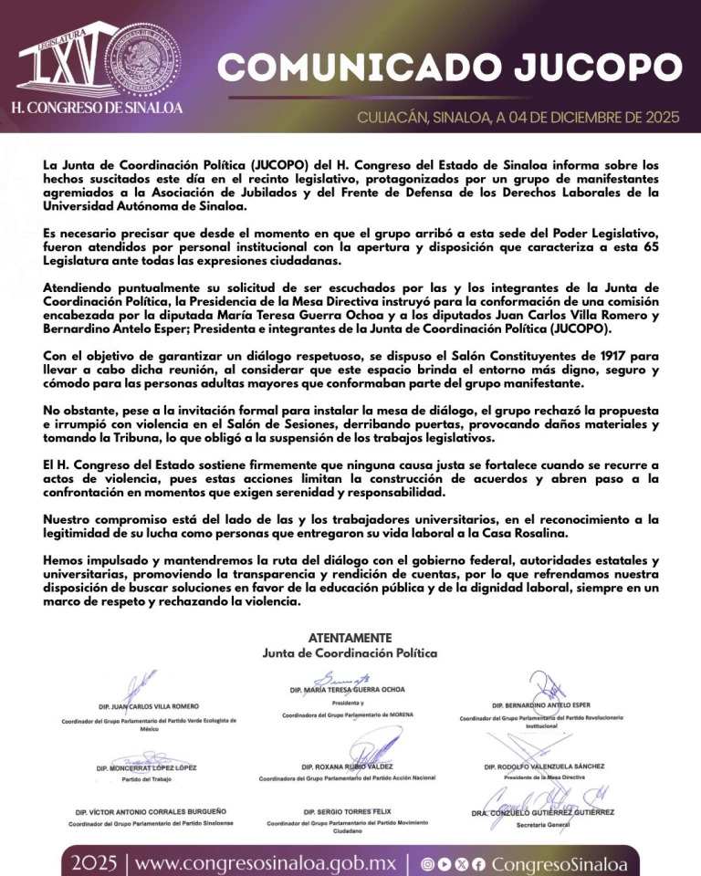 Emite pronunciamiento la JUCOPO con relación a la toma de tribuna por jubilados de la UAS