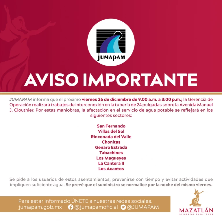 Habrá suspensión del servicio de agua potable en algunas colonias de Mazatlán el próximo viernes 