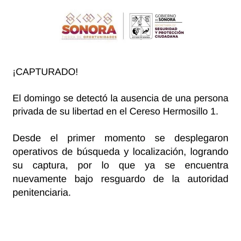 Recapturan a reo fugado del Cereso 1 de Hermosillo