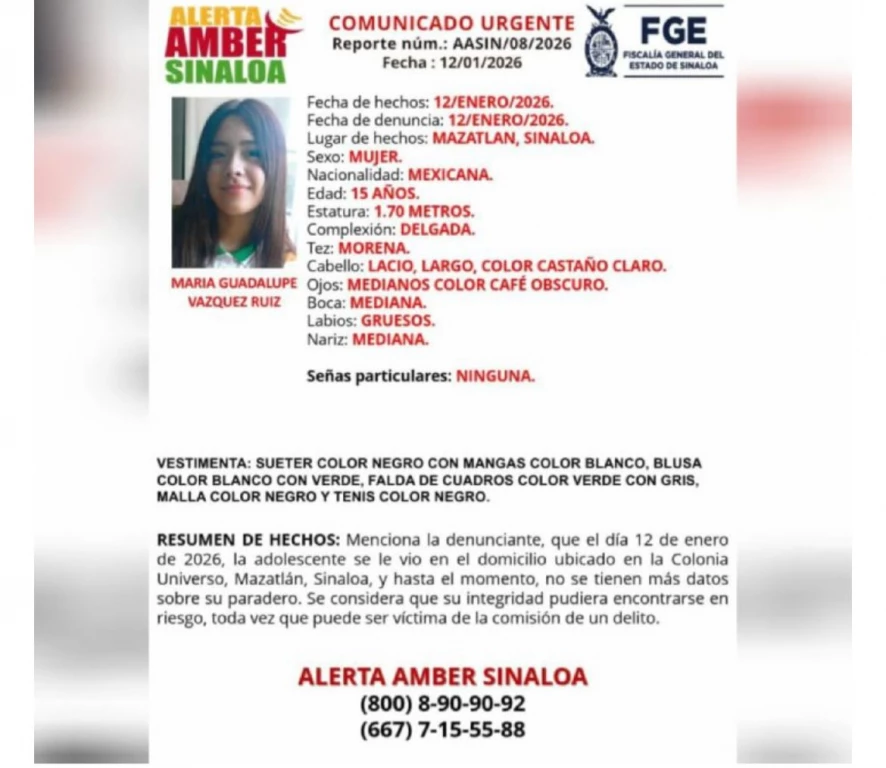 Desaparece jovencita de 15 años de edad en Mazatlán