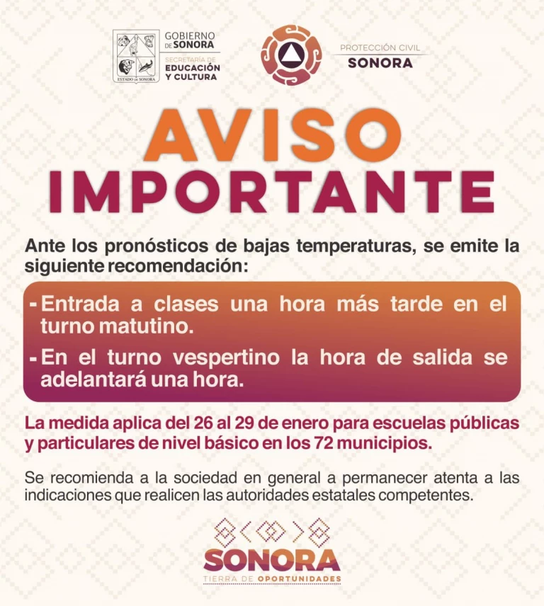 Modifican horario de clases en escuelas de nivel básico en Sonora por bajas temperaturas