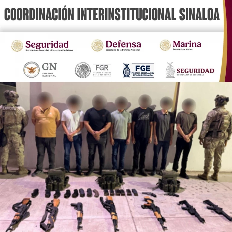 Tras denuncia anónima, el Grupo Interinstitucional asegura, en Culiacán, a 7 civiles con armas largas, cargadores abastecidos, chalecos tácticos, entre otros equipos tácticos ilícitos