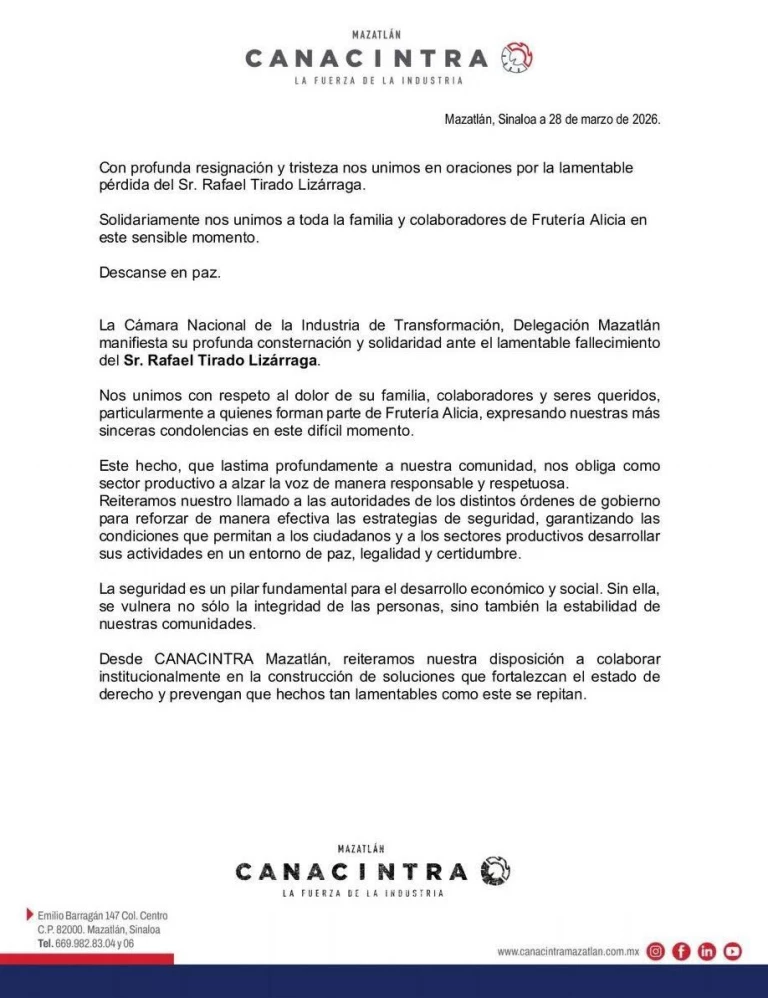 Canacintra solicita reforzamiento de seguridad tras asesinato de comerciante frutero en Mazatlán