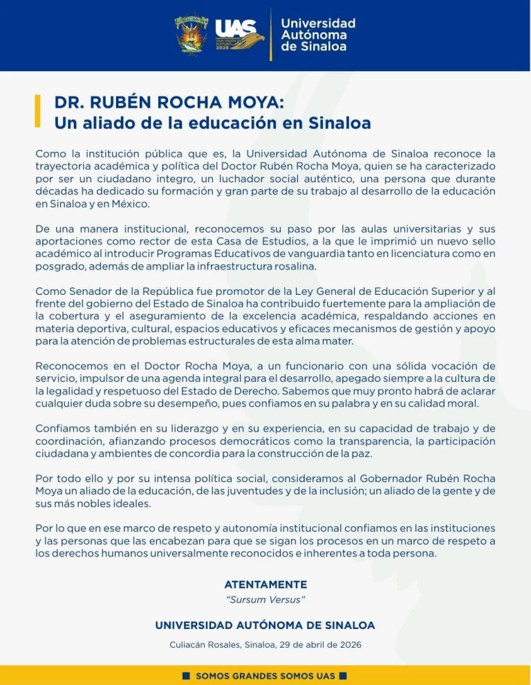 Respalda la UAS a Rubén Rocha Moya destaca la trayectoria y calidad moral