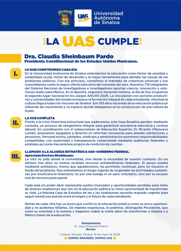 La UAS en riesgo de suspender actividades por insuficiencia financiera