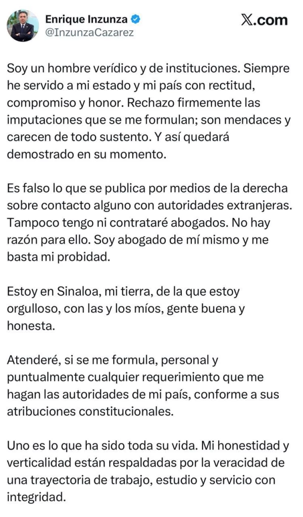 Reaparece Enrique Inzunza en redes, asegura que esta en Sinaloa