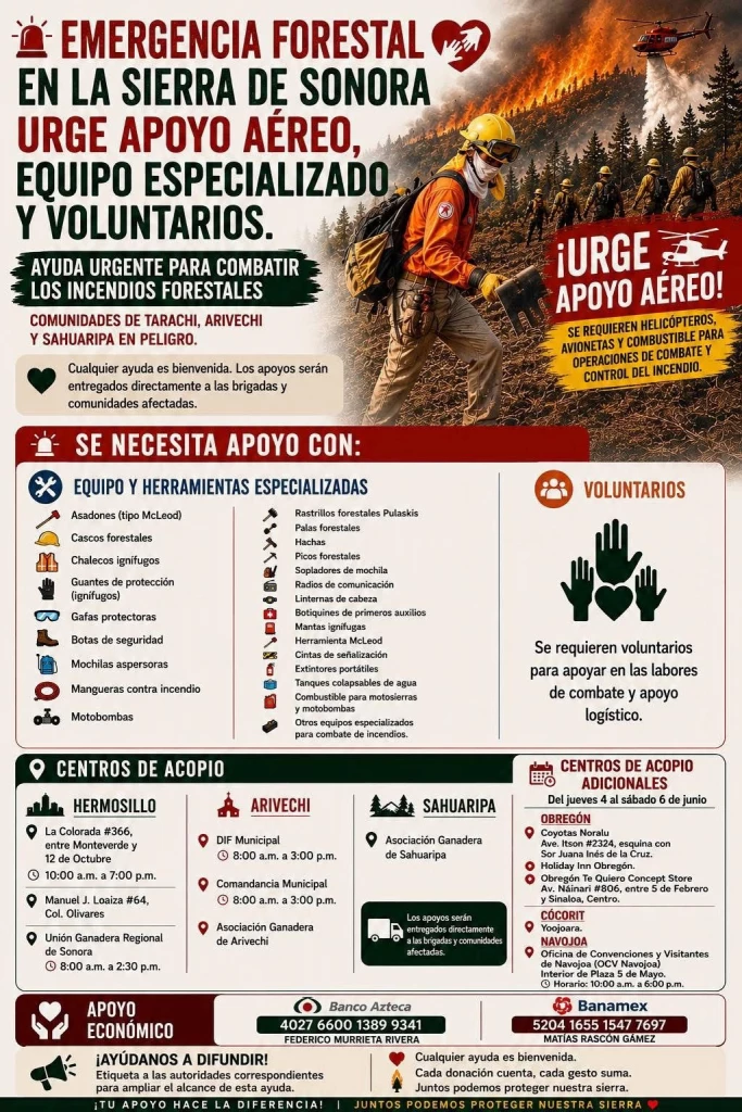 Cajeme se suma a apoyo por incendio forestal en #Arivechi; abren centros de acopio