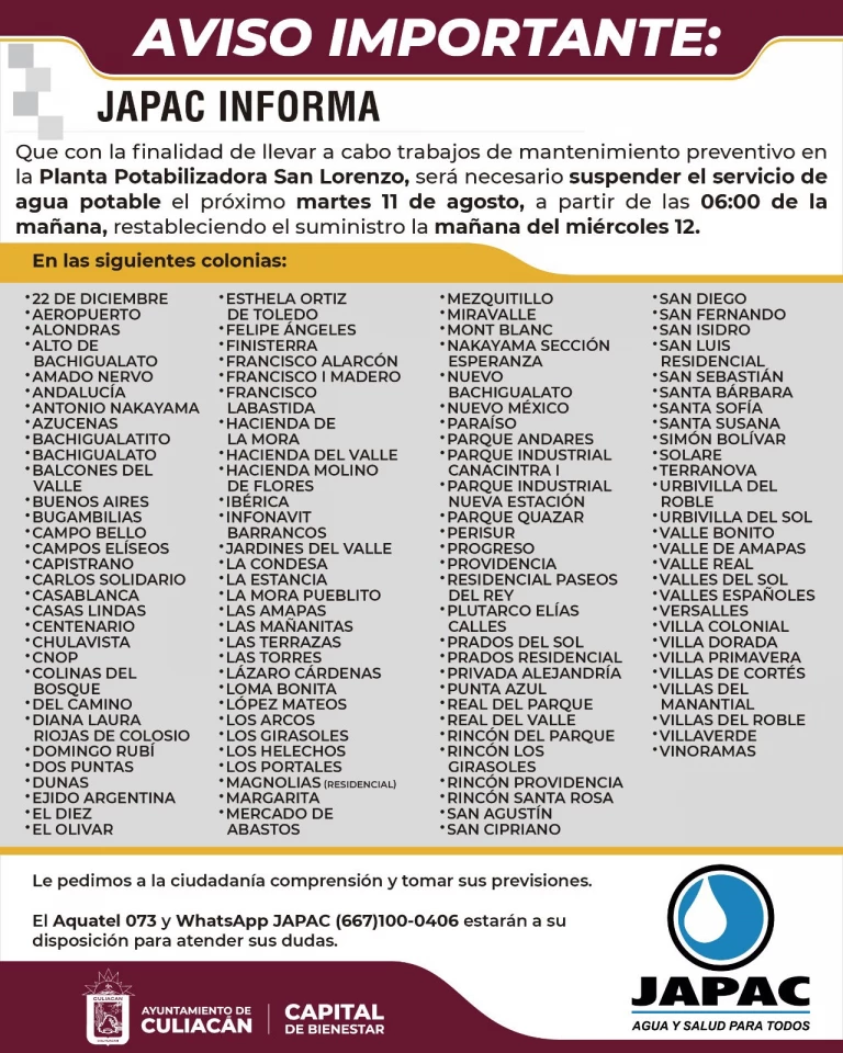 JAPAC suspenderá este martes servicio de agua