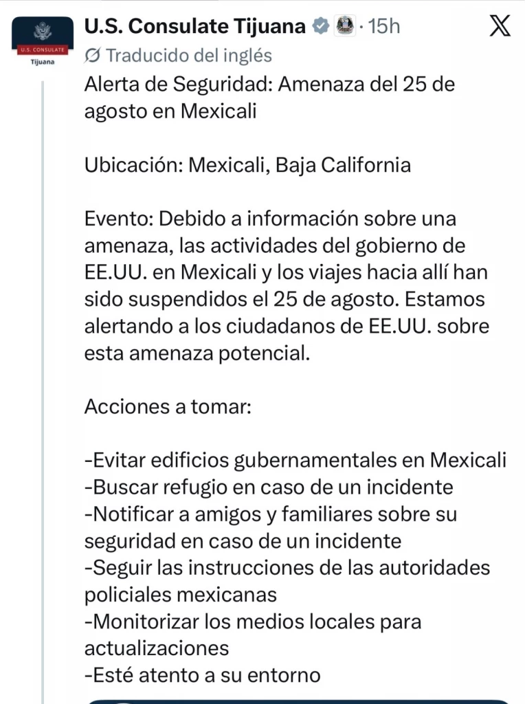 Emite EE.UU alerta de seguridad sobre posible amenaza en Mexicali