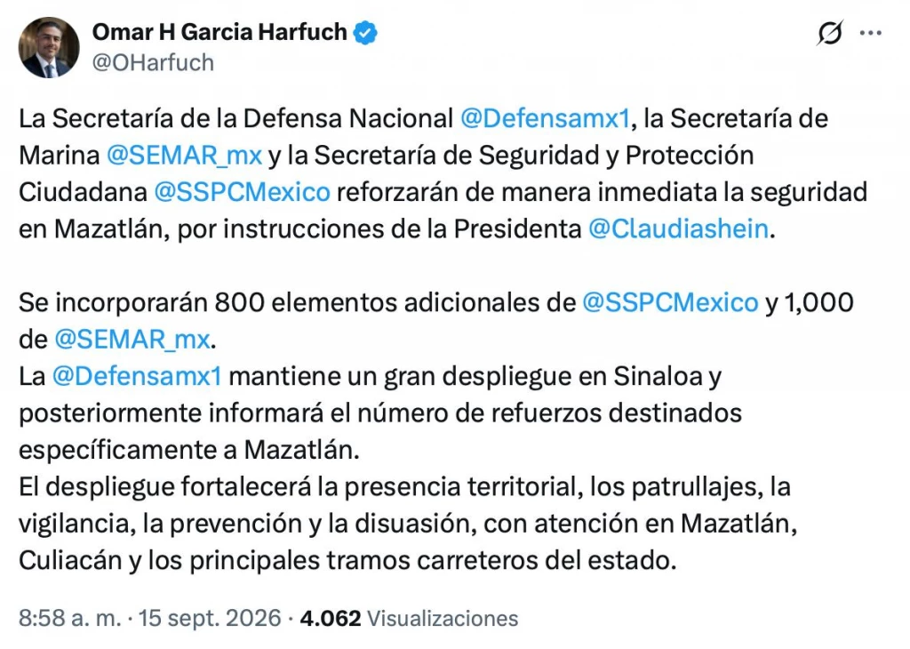 Anuncia Omar Harfuch reforzamiento de seguridad para Mazatlán