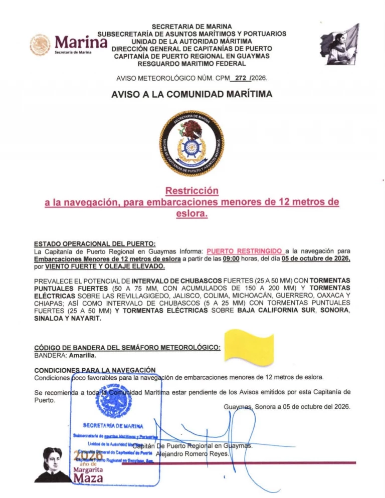 Emiten restricción a la navegación en Guaymas por viento fuerte y oleaje elevado