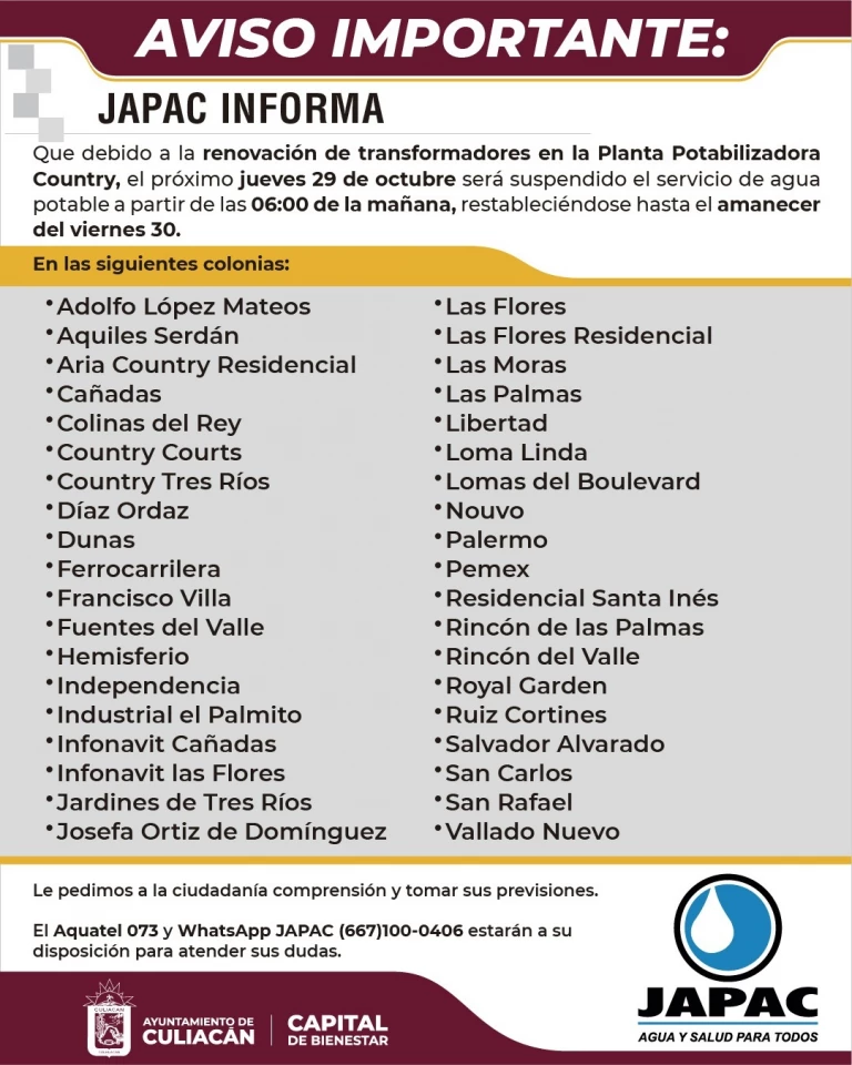 Suspende JAPAC servicio de agua el jueves