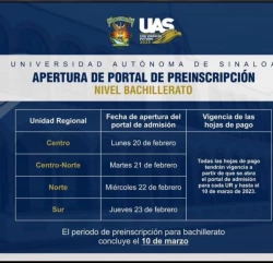 Hoy inician las preinscripciones para bachillerato de la UAS en la Unidad Regional Centro