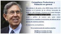 Participará Cuauhtémoc Cárdenas en foro regional sobre política alimentaria en CO, y estará presente con agricultores en plantón