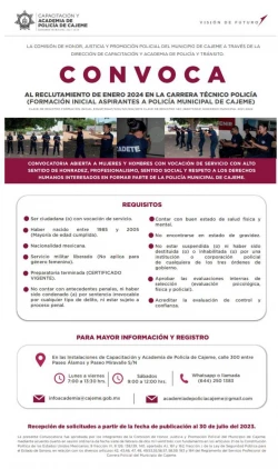 Abren convocatoria para aspirantes a cadetes de la Academia de Policía Municipal 2024