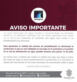 ¡A cuidar el agua! Jumapam advierte disminución de agua por lluvias torrenciales en Mazatlán