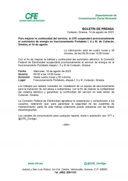 CFE interrumpirá el sevicio en Portabelo el próximo 16 de agosto