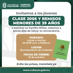 Invitan a jóvenes a tramitar su Cartilla Militar en Culiacán