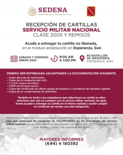 Llama la Junta Municipal de Reclutamiento a jóvenes para recepción de cartillas no liberadas en Esperanza, Sonora