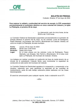 ¡Prepárate! Suspensión de servicio de la CFE en Culiacán