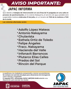 Habrá suspensión del servicio de agua potable este miércoles 31 de julio en Culiacán