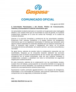 Gaspasa a través de un comunicado, informa sobre el lamentable accidente ocurrido en la Planta Juntas de Humaya de Culiacán