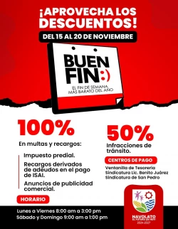 Aprovecha los descuentos por el Buen Fin en multas y recargos en el Ayuntamiento de Navolato