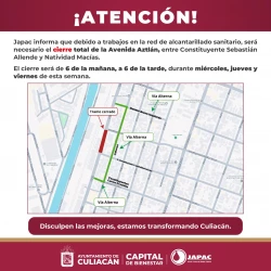 JAPAC cierra avenida Aztlán de Culiacán por trabajos en la red de alcantarillado sanitario