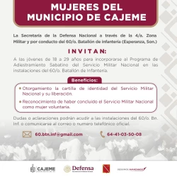 Invita Junta Municipal de Reclutamiento a Mujeres de Cajeme al Programa de Adiestramiento del SMN