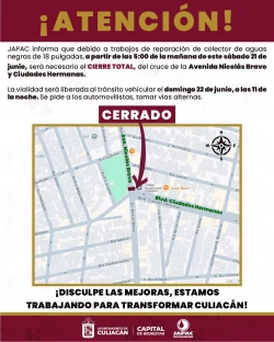 Aviso de cierre de vialidad por trabajos de JAPAC