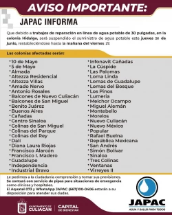 Este jueves 24 de junio se reparará una línea en la Miguel Hidalgo en Culiacán: JAPAC