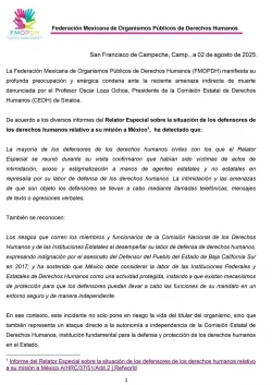Federación Mexicana de Organismos Públicos de Derechos Humanos condena amenaza a Oscar Loza