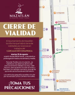Por trabajos en Cárcamo de Conapesca habrá cierre de vialidad