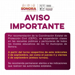 Suspenden clases en todo Sonora por huracán Lorena