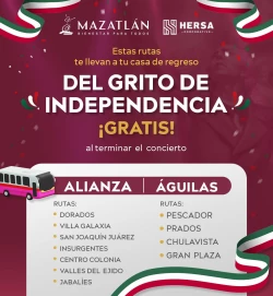 Habrá servicio de camiones gratuitos para regresar del Grito de Independencia en Mazatlán