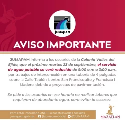 Se limitará suministro de agua potable en la colonia Valles del Ejido de Mazatlán