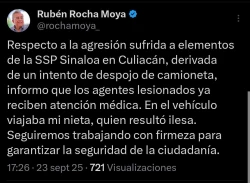 Nieta del Gobernador de Sinaloa Rubén Rocha Moya queda  en medio de una balacera