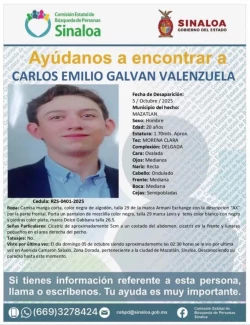 Están coordinadas las Fiscalías de Sinaloa y Durango para localizar a Carlos Emilio joven desaparecido en Mazatlán 