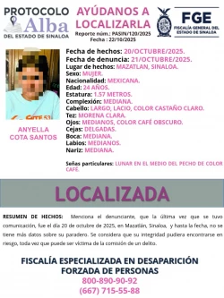 Confirma Fiscalía que Anyella de 24 años de edad fue encontrada sin vida