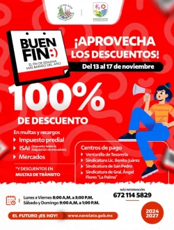 Navolato impulsa descuentos del 100% en multas y recargos durante el Buen Fin 2025