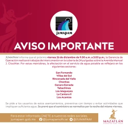 Habrá suspensión del servicio de agua potable en algunas colonias de Mazatlán el próximo viernes 