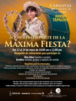 Abre cultura convocatoria para que participen grupos musicales en noches de Olas Altas y Desfiles del Carnaval 2026