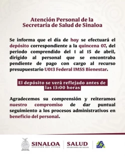 Realiza el IMSS Bienestar deposito a los trabajadores de salud