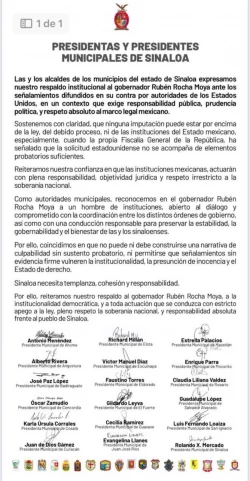 18 alcaldes de Sinaloa muestran respaldo a Rocha Moya