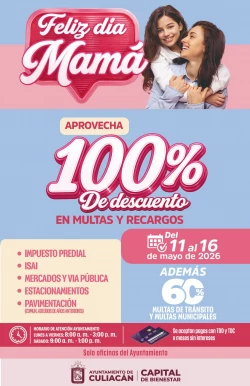 Anuncia Ayuntamiento de Culiacán descuentos del 100%