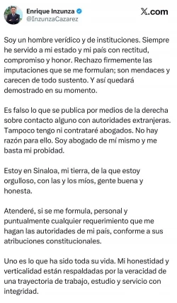 Reaparece Enrique Inzunza en redes, asegura que esta en Sinaloa