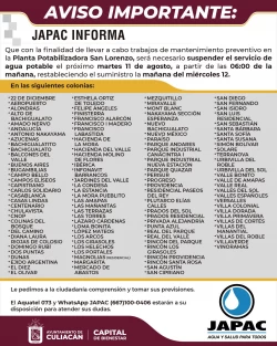 JAPAC suspenderá este martes servicio de agua