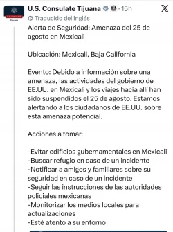 Emite EE.UU alerta de seguridad sobre posible amenaza en Mexicali
